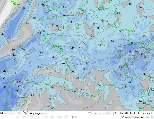 RH 850 hPa Arpege-eu Qua 26.06.2024 06 UTC