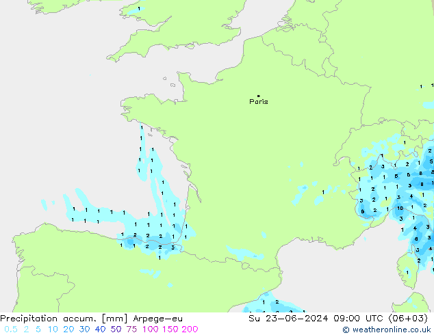 Precipitation accum. Arpege-eu Su 23.06.2024 09 UTC