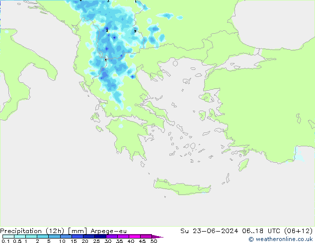 Totale neerslag (12h) Arpege-eu zo 23.06.2024 18 UTC