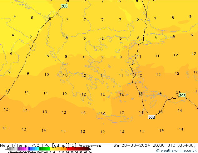 Height/Temp. 700 гПа Arpege-eu ср 26.06.2024 00 UTC