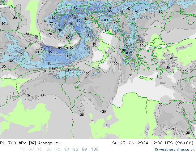 RH 700 hPa Arpege-eu dom 23.06.2024 12 UTC