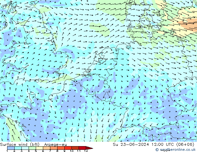 Viento 10 m (bft) Arpege-eu dom 23.06.2024 12 UTC