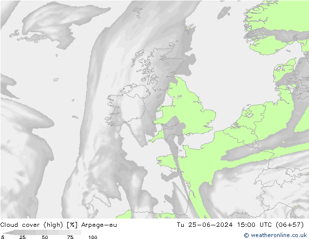 Cloud cover (high) Arpege-eu Tu 25.06.2024 15 UTC