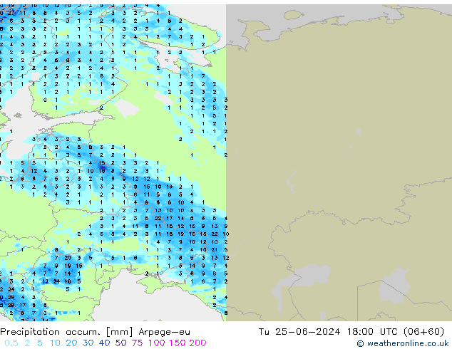 Precipitation accum. Arpege-eu Tu 25.06.2024 18 UTC