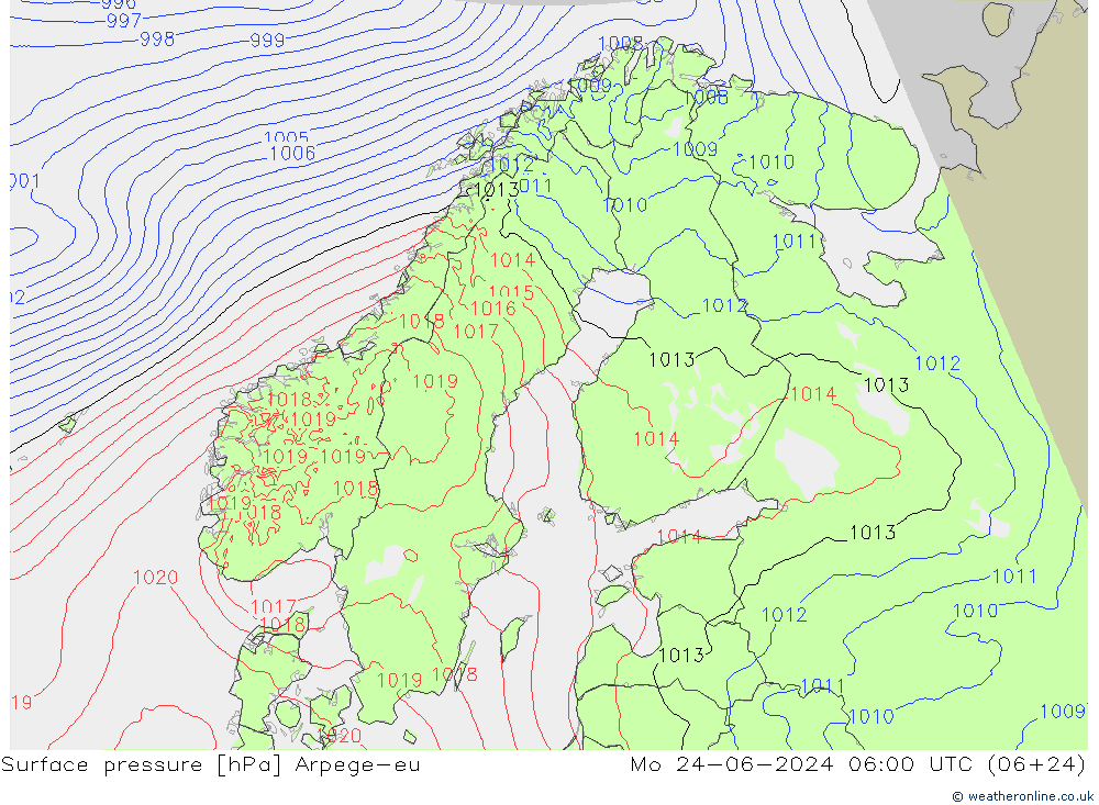 Atmosférický tlak Arpege-eu Po 24.06.2024 06 UTC