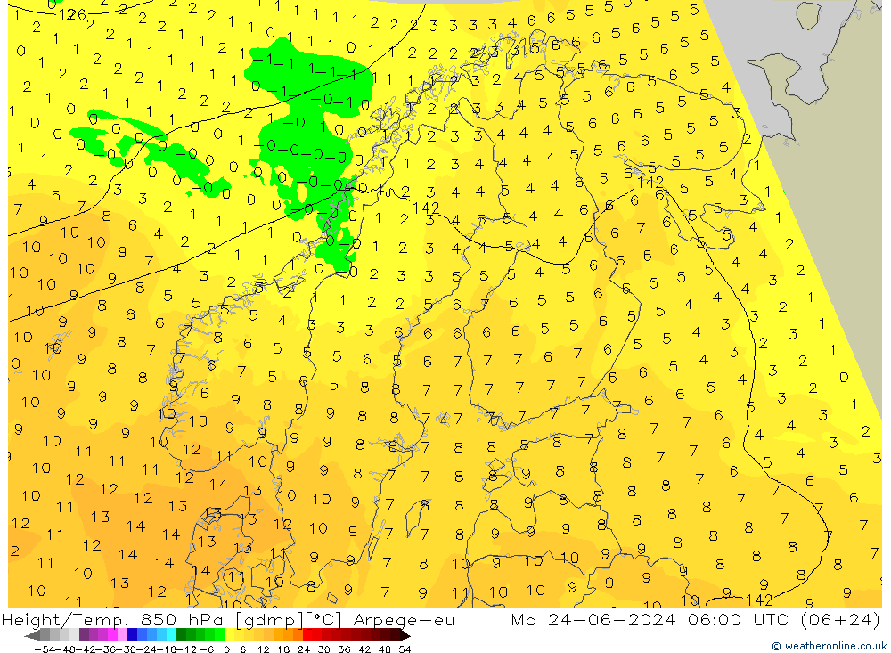 Height/Temp. 850 hPa Arpege-eu Mo 24.06.2024 06 UTC