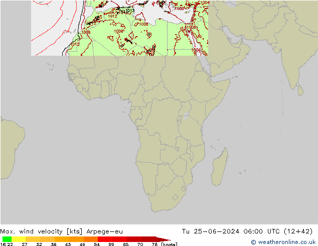 Max. wind velocity Arpege-eu вт 25.06.2024 06 UTC