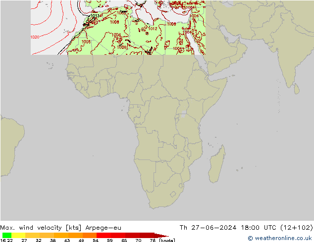 Max. wind velocity Arpege-eu Čt 27.06.2024 18 UTC