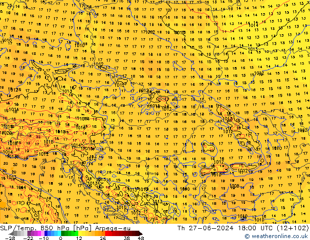 SLP/Temp. 850 hPa Arpege-eu jeu 27.06.2024 18 UTC