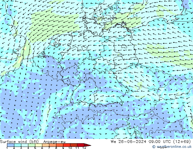 Surface wind (bft) Arpege-eu We 26.06.2024 09 UTC