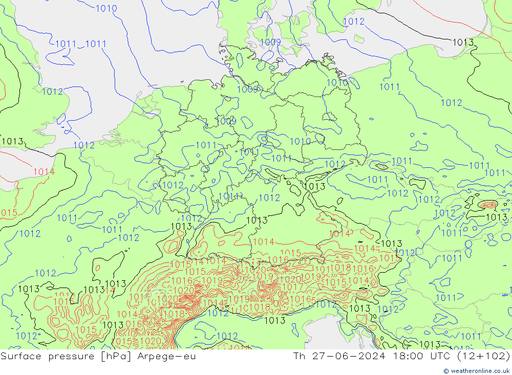 地面气压 Arpege-eu 星期四 27.06.2024 18 UTC