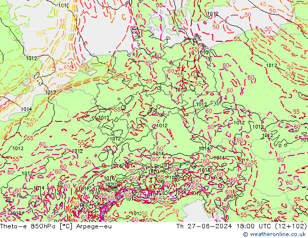 Theta-e 850hPa Arpege-eu do 27.06.2024 18 UTC