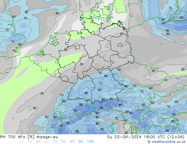 Humedad rel. 700hPa Arpege-eu dom 23.06.2024 18 UTC