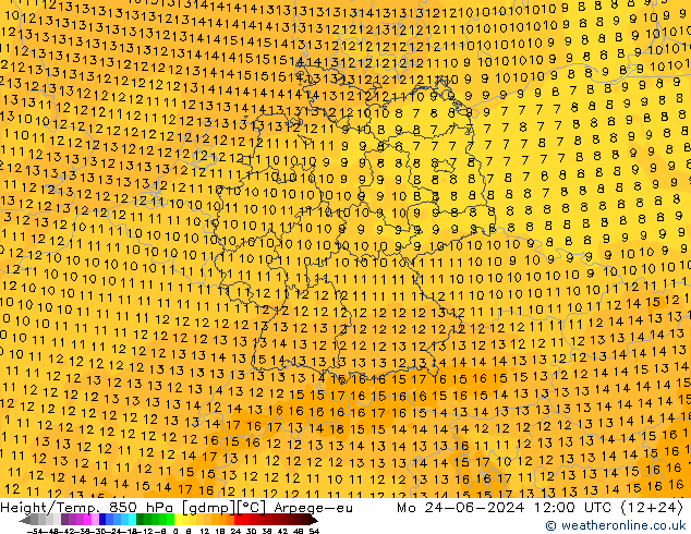 Height/Temp. 850 гПа Arpege-eu пн 24.06.2024 12 UTC