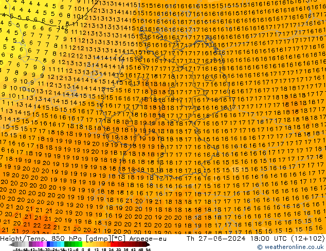 Height/Temp. 850 hPa Arpege-eu 星期四 27.06.2024 18 UTC