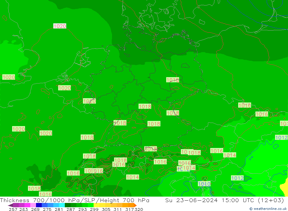 Thck 700-1000 гПа Arpege-eu Вс 23.06.2024 15 UTC