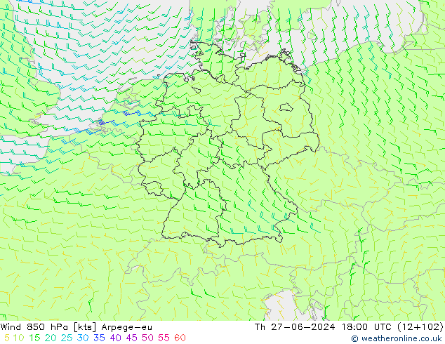 Vento 850 hPa Arpege-eu gio 27.06.2024 18 UTC