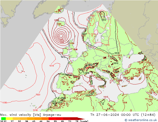 Max. wind velocity Arpege-eu 星期四 27.06.2024 00 UTC