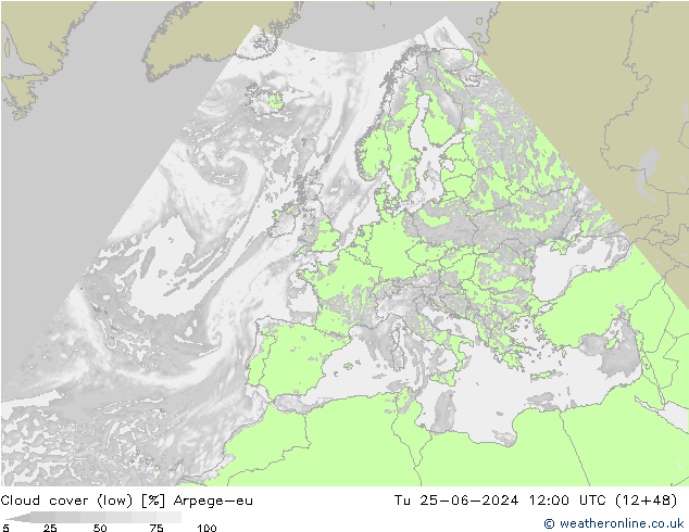 Cloud cover (low) Arpege-eu Tu 25.06.2024 12 UTC