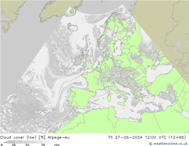 Cloud cover (low) Arpege-eu Th 27.06.2024 12 UTC