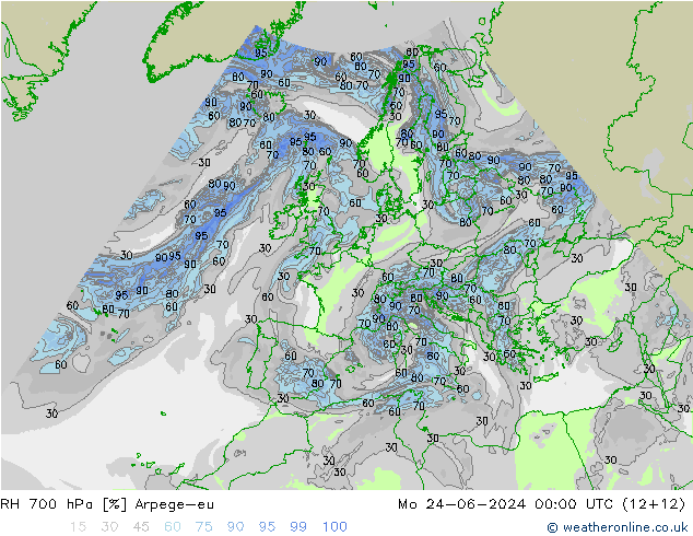 Humedad rel. 700hPa Arpege-eu lun 24.06.2024 00 UTC