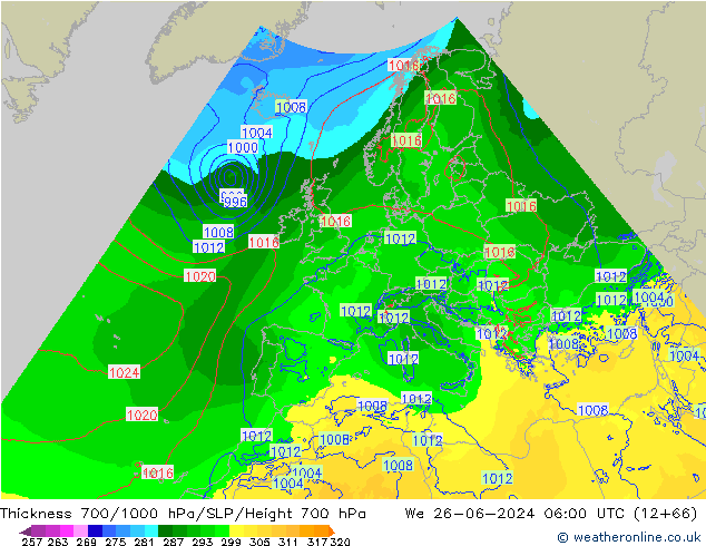 Thck 700-1000 hPa Arpege-eu We 26.06.2024 06 UTC