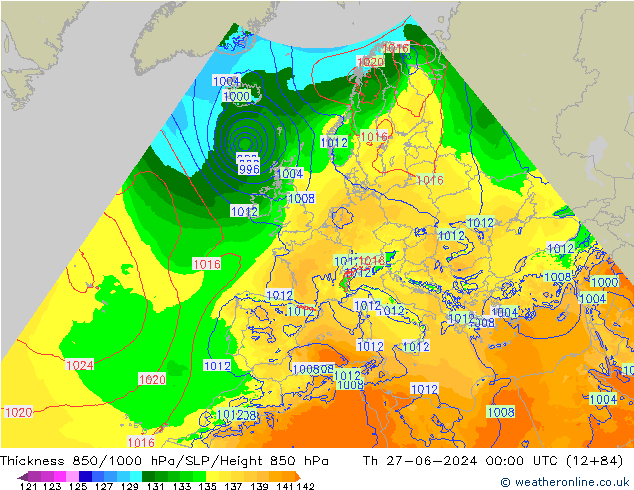 Espesor 850-1000 hPa Arpege-eu jue 27.06.2024 00 UTC