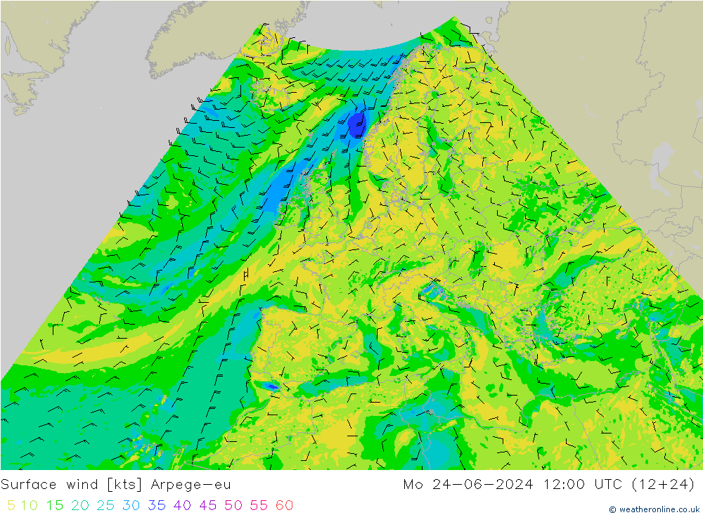 Surface wind Arpege-eu Po 24.06.2024 12 UTC