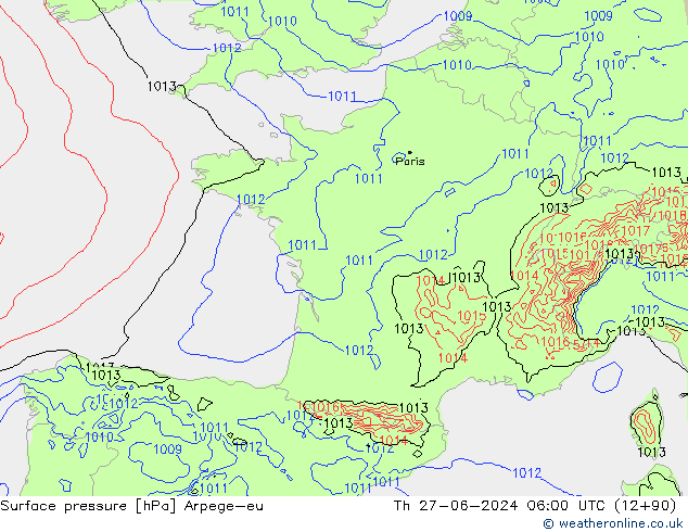 Pressione al suolo Arpege-eu gio 27.06.2024 06 UTC