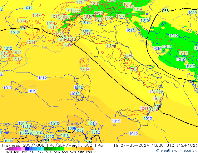 Espesor 500-1000 hPa Arpege-eu jue 27.06.2024 18 UTC