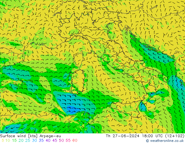 Vento 10 m Arpege-eu Qui 27.06.2024 18 UTC