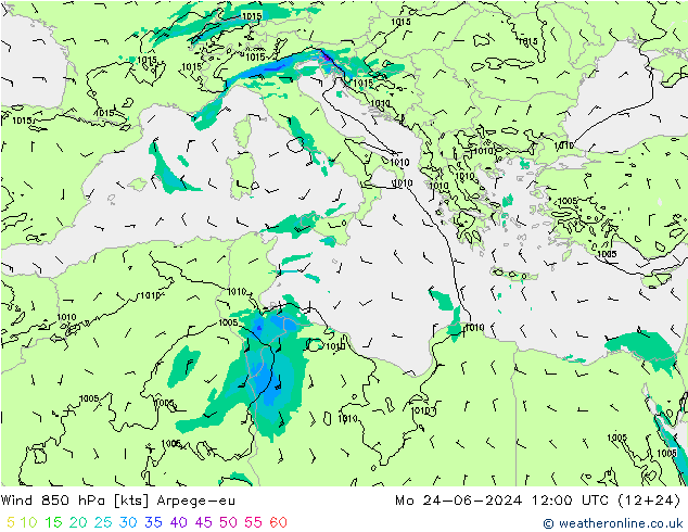 Wind 850 hPa Arpege-eu Po 24.06.2024 12 UTC