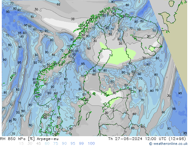 RH 850 hPa Arpege-eu gio 27.06.2024 12 UTC