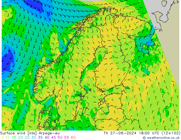 Surface wind Arpege-eu Čt 27.06.2024 18 UTC