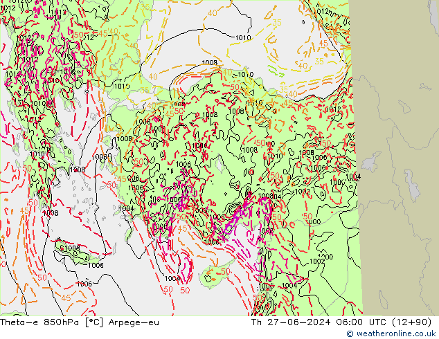 Theta-e 850hPa Arpege-eu do 27.06.2024 06 UTC