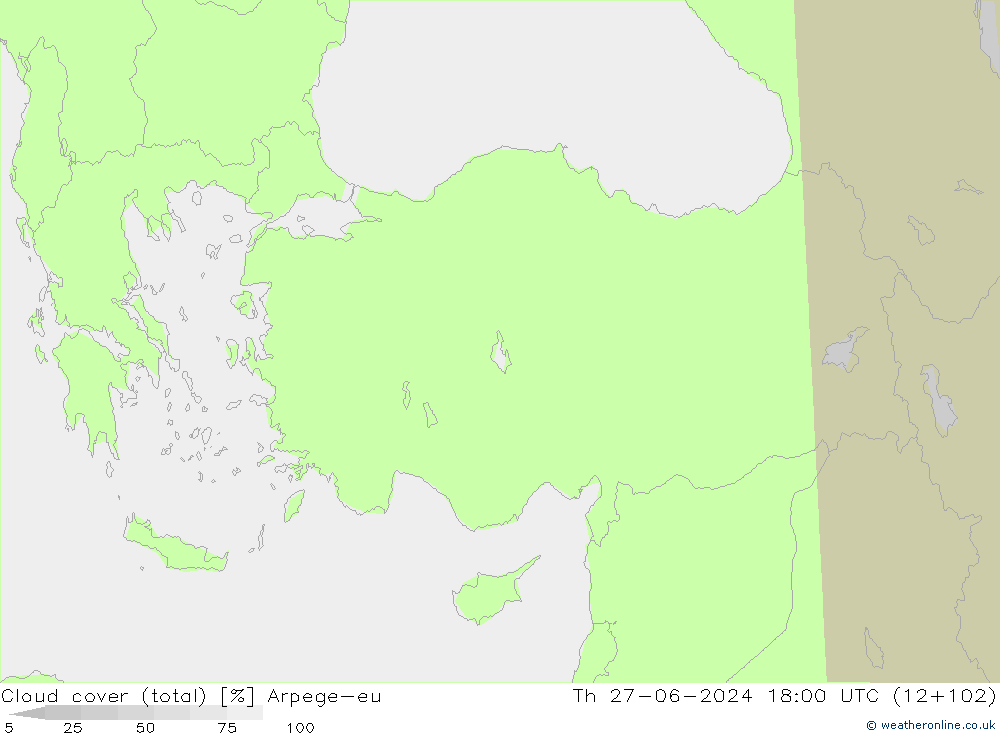 Cloud cover (total) Arpege-eu Th 27.06.2024 18 UTC