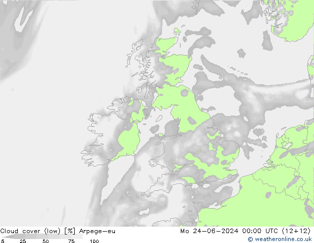 Cloud cover (low) Arpege-eu Mo 24.06.2024 00 UTC