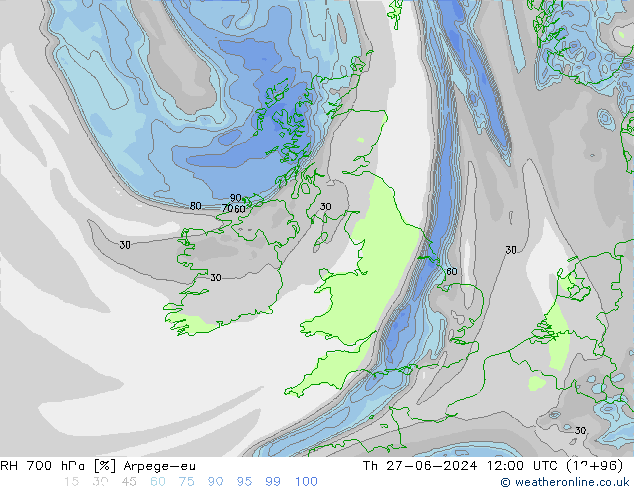 RH 700 hPa Arpege-eu Qui 27.06.2024 12 UTC