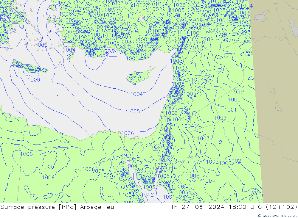 Presión superficial Arpege-eu jue 27.06.2024 18 UTC