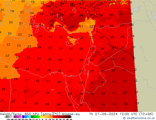 Height/Temp. 850 hPa Arpege-eu czw. 27.06.2024 12 UTC