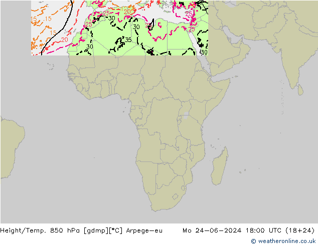 Height/Temp. 850 hPa Arpege-eu Mo 24.06.2024 18 UTC