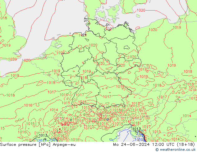 Surface pressure Arpege-eu Mo 24.06.2024 12 UTC