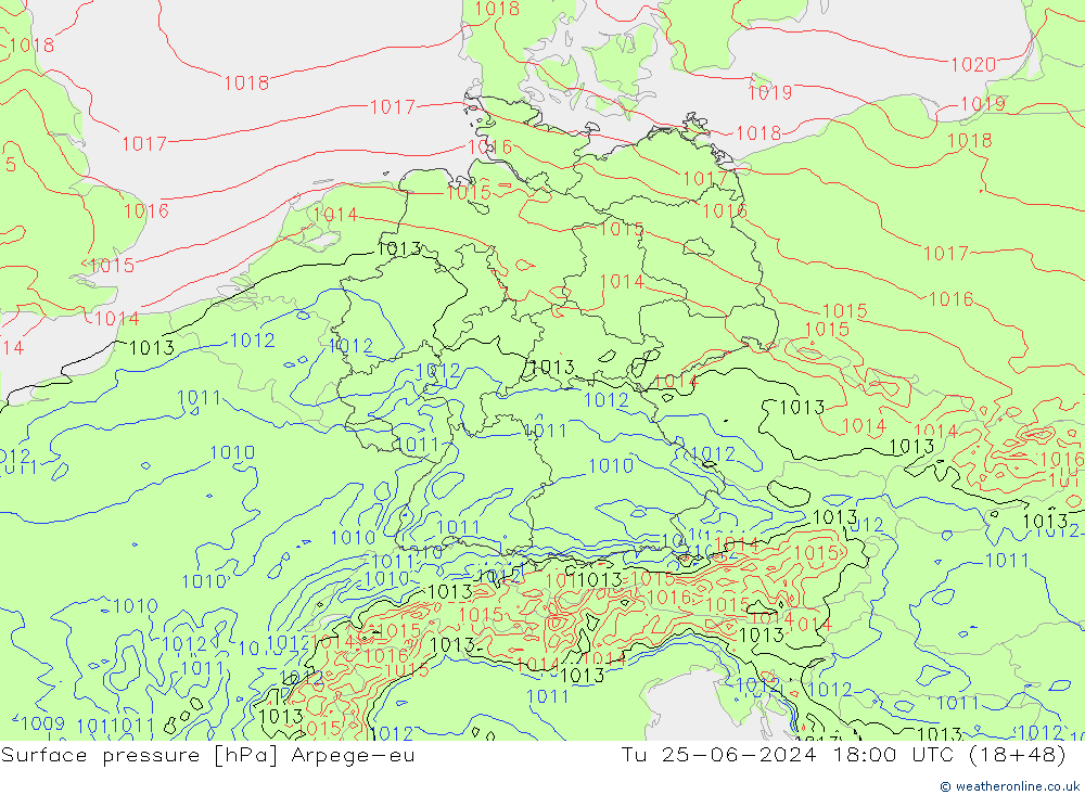 Surface pressure Arpege-eu Tu 25.06.2024 18 UTC