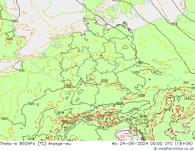 Theta-e 850hPa Arpege-eu Mo 24.06.2024 00 UTC