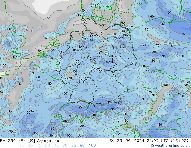 RH 850 hPa Arpege-eu Ne 23.06.2024 21 UTC