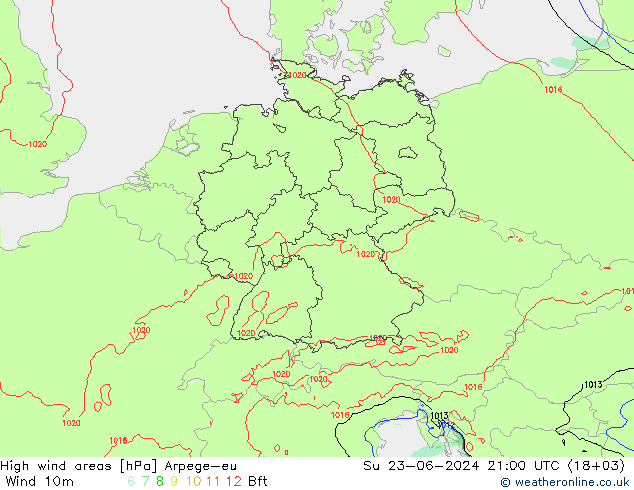 High wind areas Arpege-eu Su 23.06.2024 21 UTC