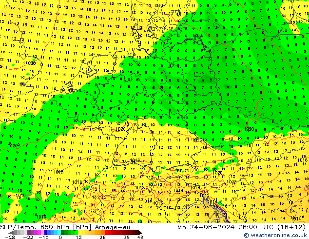 SLP/Temp. 850 hPa Arpege-eu Mo 24.06.2024 06 UTC