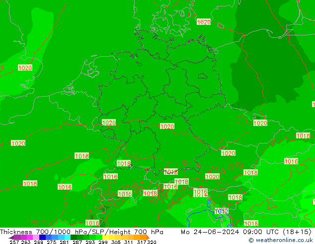 Thck 700-1000 hPa Arpege-eu lun 24.06.2024 09 UTC