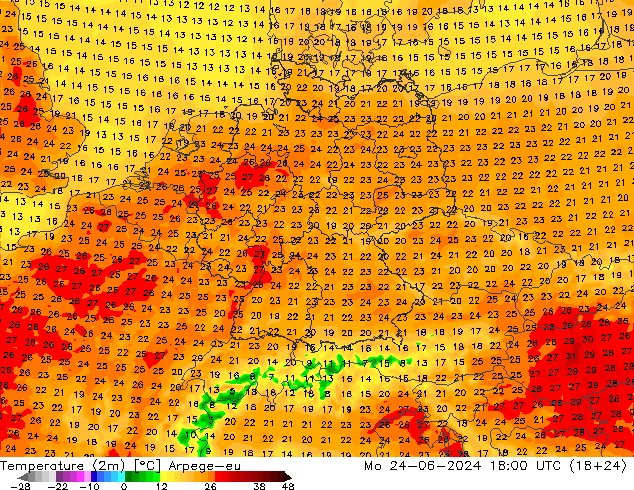 Temperature (2m) Arpege-eu Mo 24.06.2024 18 UTC