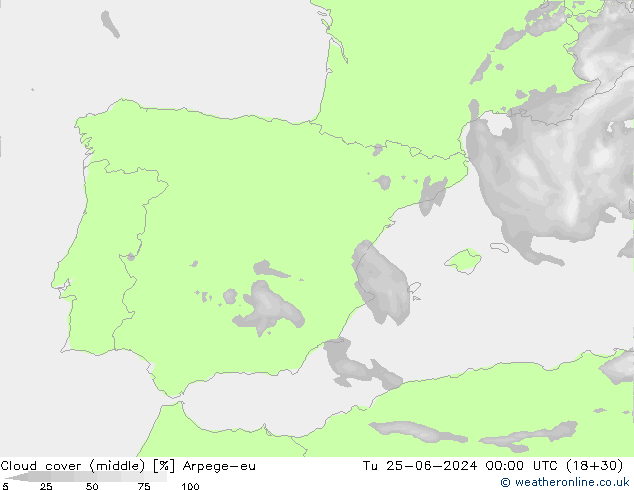 Cloud cover (middle) Arpege-eu Tu 25.06.2024 00 UTC